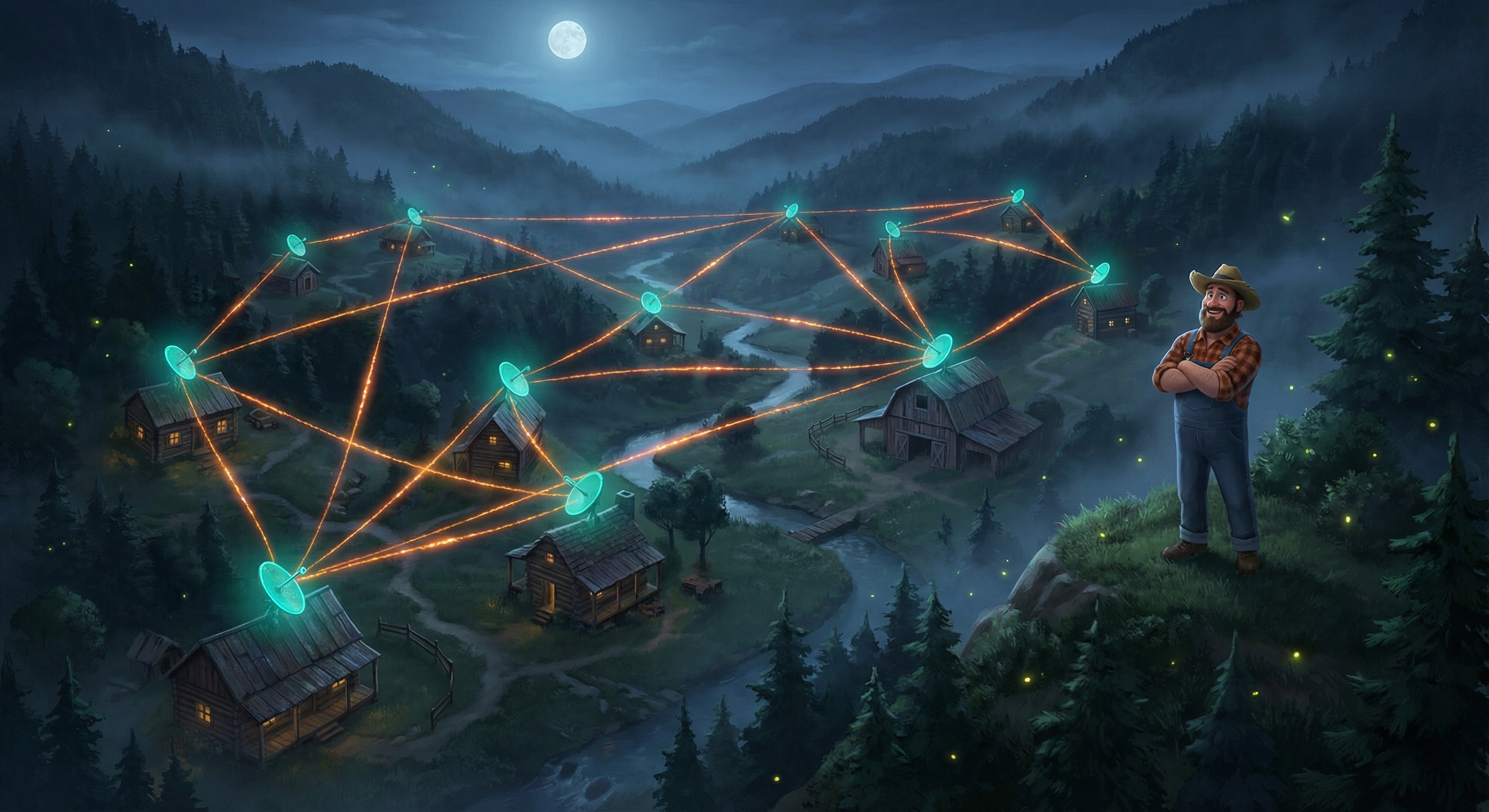 Aerial view of the JimboMesh network — Holler nodes connected across mountain hollers